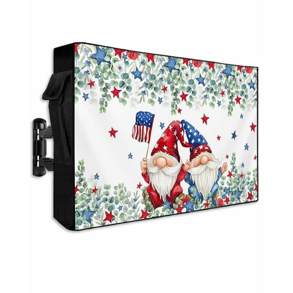Independence Day Outdoor TV Cover 70 to 75 Inch Weatherproof, Gnomes American Flag Eucalyptus Leaf 600D Oxford TV Covers with Waterproof Zipper, Outside Flat TV Screen Protector Size 68"Wx42"Hx4.5"D
