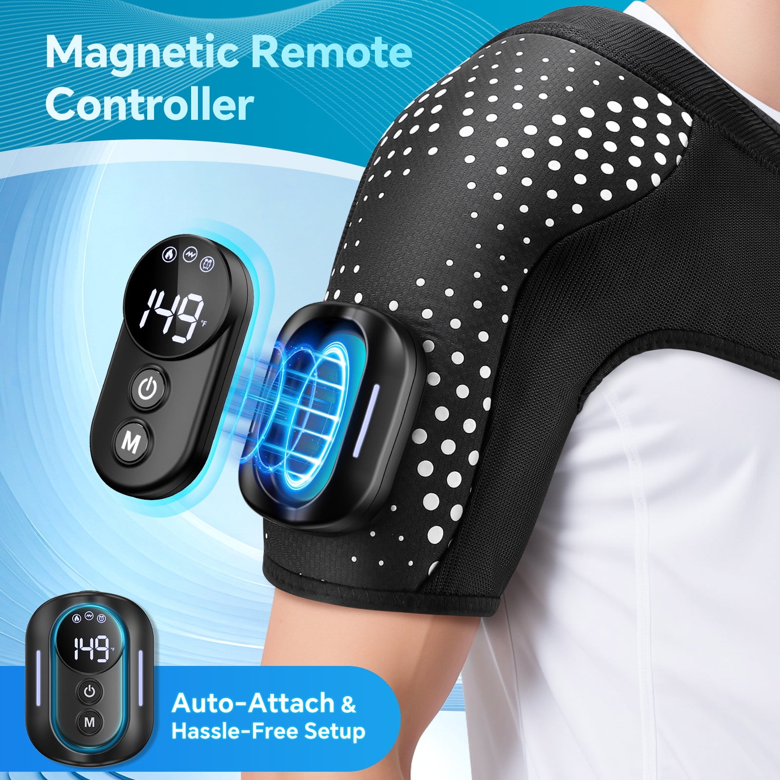 DAMAI Shoulder Heating Pad with Massager, Portable Shoulder Brace with Magnetic Detachable Remote Control, 5000amh Battery Powered Detachable Controller Heated Massage with 5 Heats &Vibrations