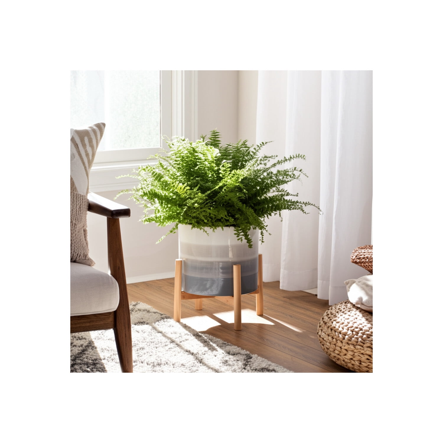 Round Flower Pots with Wood Legs for Home Decor - Ceramic Plant Pot for Indoor and Outdoor Plants - Modern Garden Style for Entryway and Hallway Styling - 14", Beige
