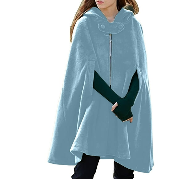 Sky Blue Womens Trench Coats Hooded Medium Cape Winter Vintage Overcoat Fashion Button Cloak Woolen Coat Jackets for Women Size S