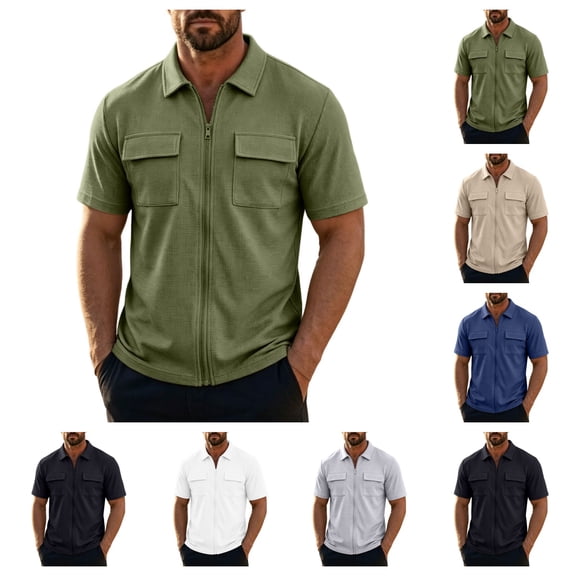 SAWOBUUN Men's Texture Zip Front Jacket Short Sleeve Collared Sport Top Casual Athletic Outerwear