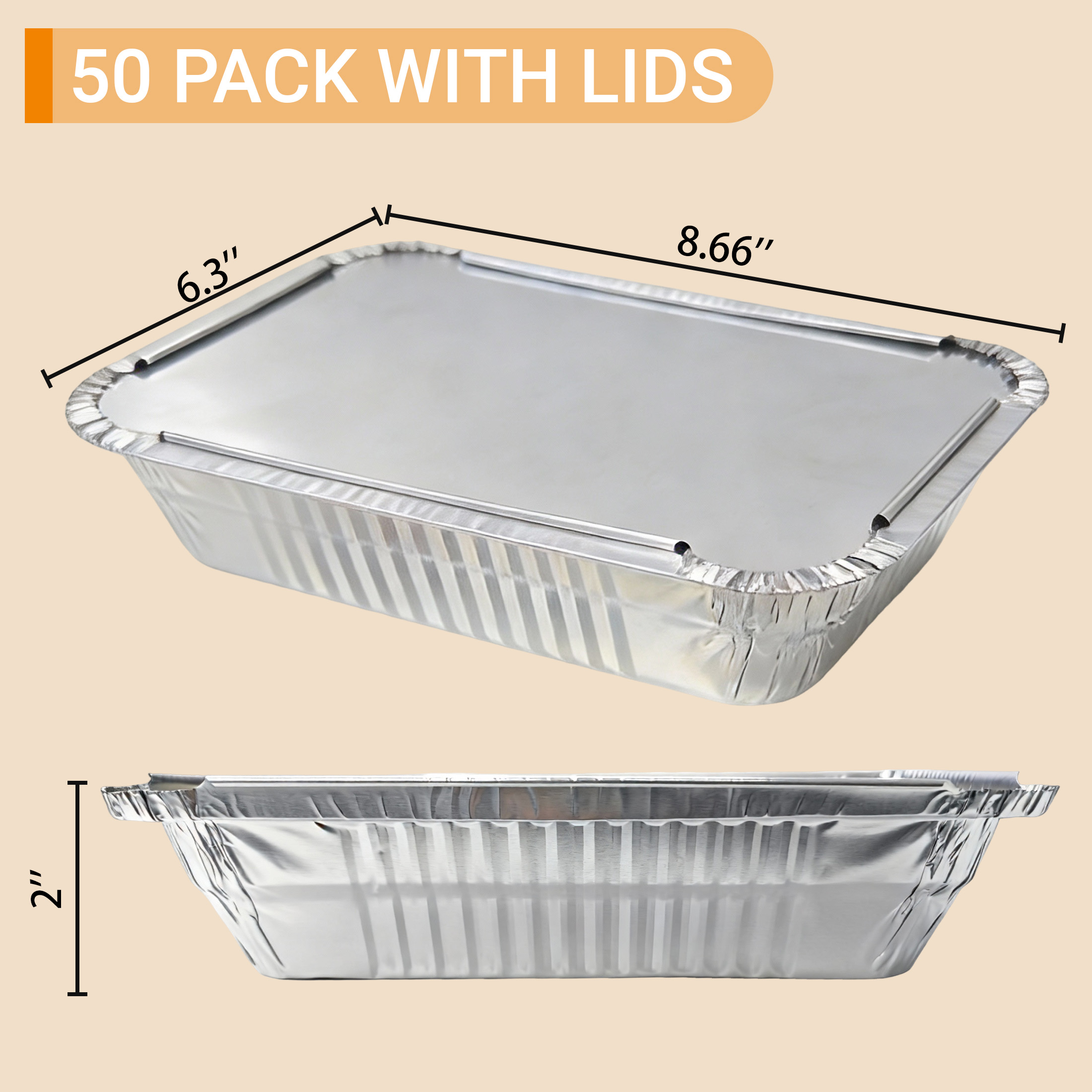 cisilov 50 Pack Aluminum Pans with Lids, 8.6''x6.3'' Disposable Tin Foil Baking Pans for Meal Prep, Oven-Safe Freezer & Takeout Containers