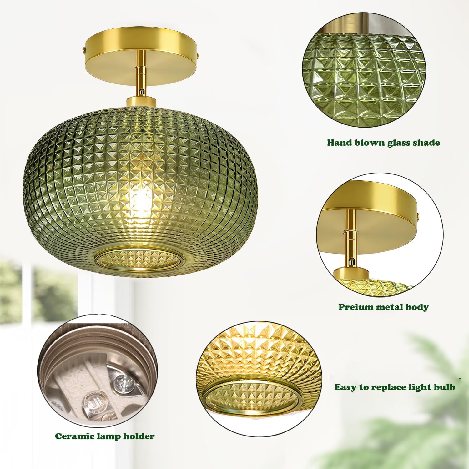 Semi Flush Mount Ceiling Light Fixture,Hallway Light Fixtures,Vintage Globe Glass Ceiling Fixture with Green Shade,Kitchen Ceiling Light Fixture,Farmhouse Ceiling Lighting for Bathroom Entryway Porch
