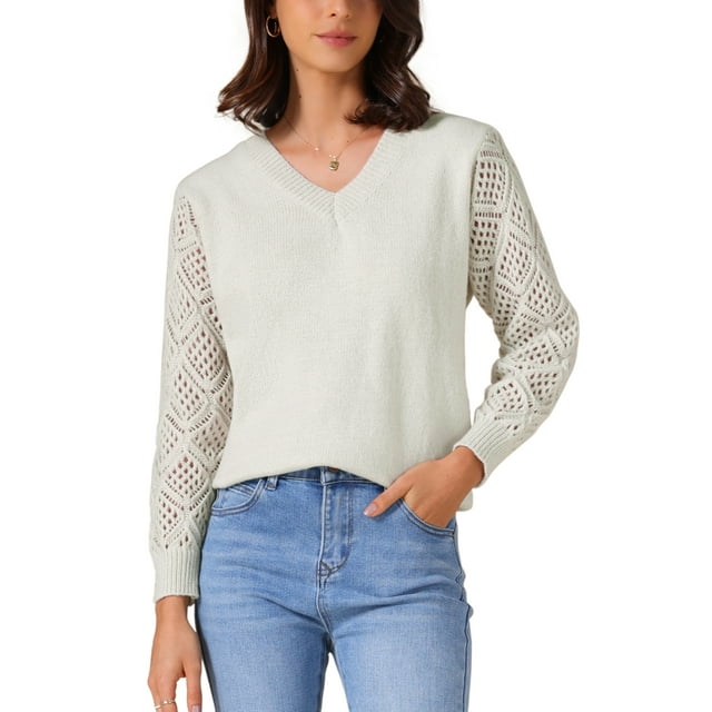 Suéteres de mujer INSPIRE CHIC, suéter de punto de cuello en V, tejido de ganchillo, con agujeros, de manga larga, top pulóver M gris beige