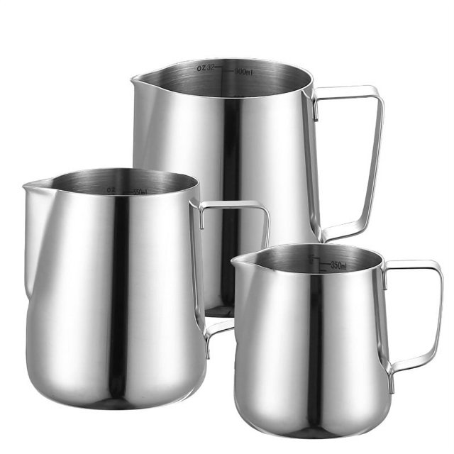 Taza de flores de acero inoxidable 304 con escala interior y boca puntiaguda de acero inoxidable, taza de flores de 1,0 mm de grosor, taza de café con leche