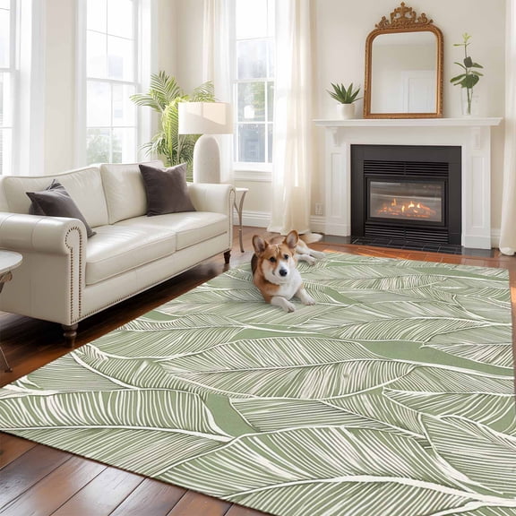 5'x8' Area Rugs, Summer Palm Leaf Indoor Outdoor Area Rug for Living Room Bedroom, Tropical Bloom Silhouettes Green Washable Bathroom Rugs Kitchen Floor Carpet Mats Home Decor Aesthetic