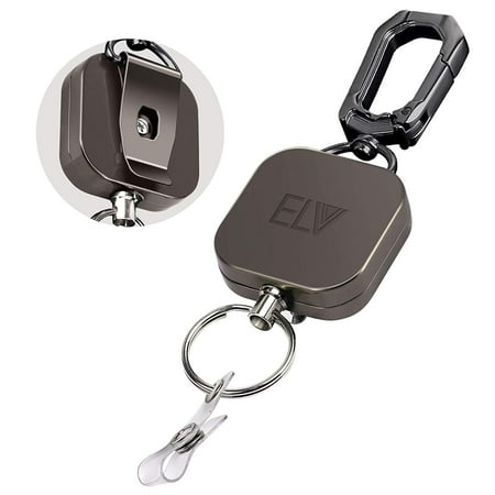 ELV Retractable ID Badge Holder | Heavy Duty Metal Body & Kevlar Cord | Carabiner Key Chain | Metal Keychain with Belt Clip and 24