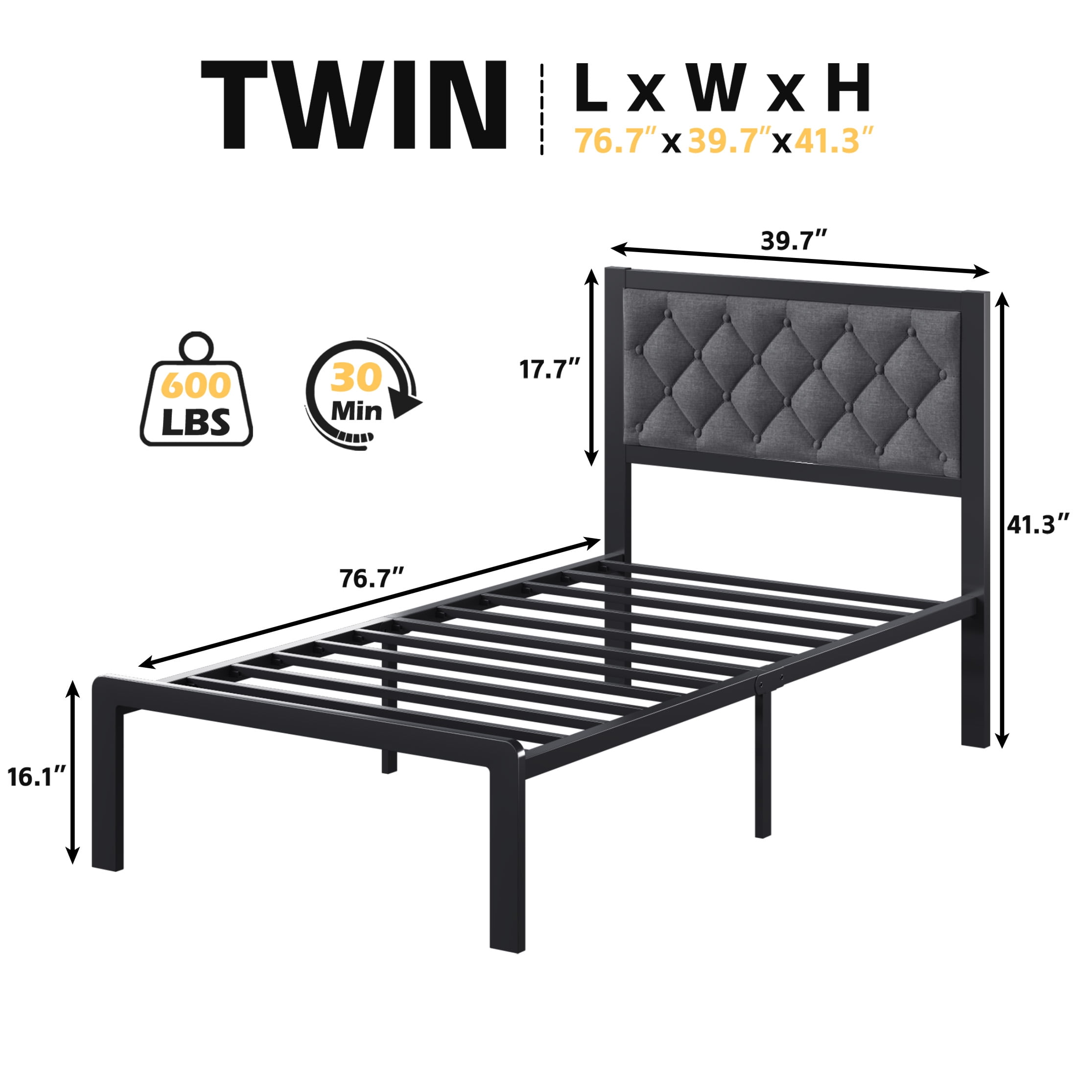 Lifezone Bed Frame with Linen Upholstered Headboard, Twin, Metal Support, No Box Spring Needed, Noise Free, Under Bed Storage, Easy Assembly, Grey