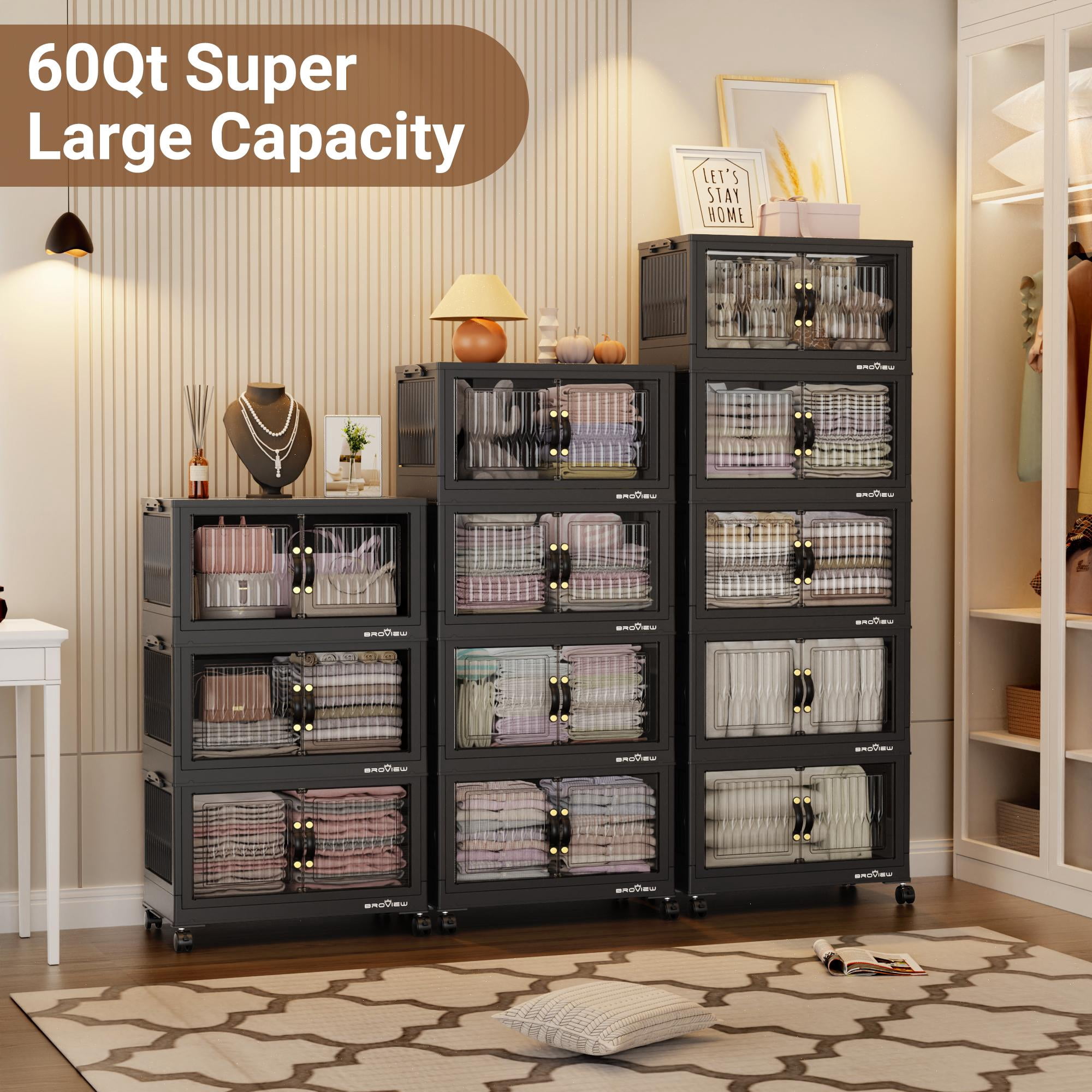 BROVIEW 180Qt Stackable Storage Bins with Lid, Plastic Closet Organizers and Storage Drawer, Collapsible Storage Box with Wheels, Folding Storage Cabinet for Closet Clothes Organization, 3Pack Black