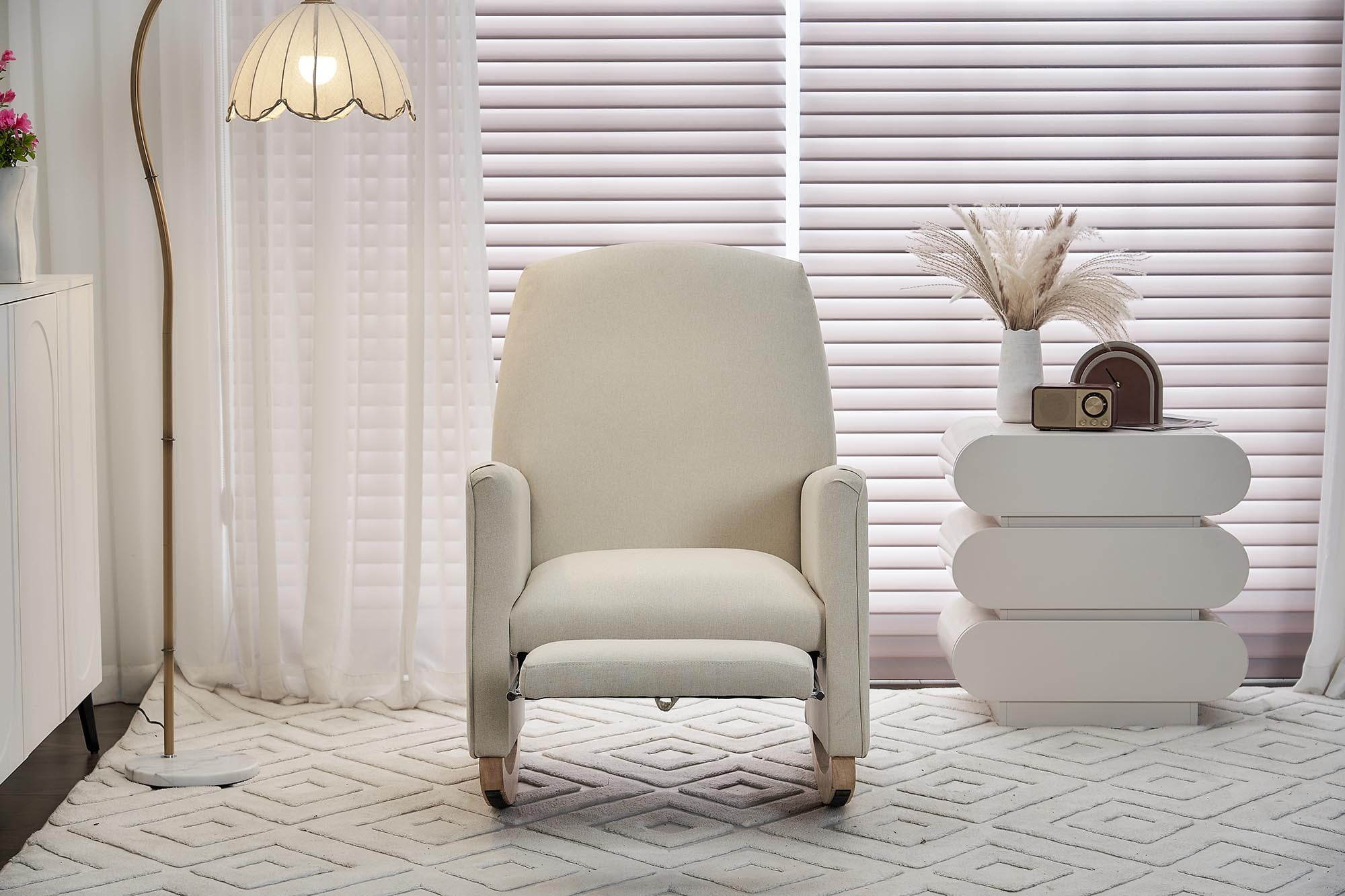 Cotton Linen Rocking Chair Adjustable Footrest, Wooden Legs 300 LBS Capacity Easy Assembly Living Room or Bedroom Furniture