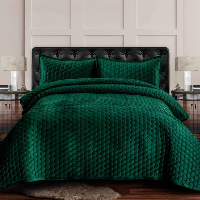 Tribeca Living Juego De Cama De Terciopelo Tamaño King De Tres Piezas Con Punto De Panal, Incluye Un Edredón Extragrande Y Dos Fundas De Almohada Falsas, 260 G/M², Terciopelo Súper Suave Lugano/Verde