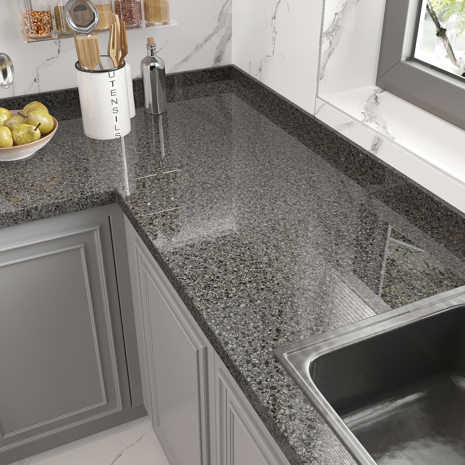 VEELIKE Black Granite Peel and Stick Countertops Contact Paper Waterproof Removable Marble Contact Paper for Countertops Self Adhesive Black Wallpaper Vinyl Roll for Kitchen Cabinets 15.7"x354"