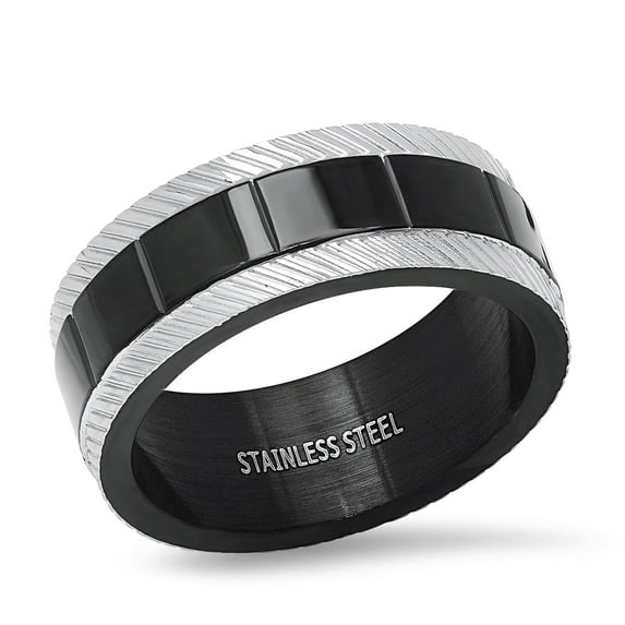 SteelTime Men's Black and Steel Striped Ring Band Sleek and Versatile Accessory For Any Occasion