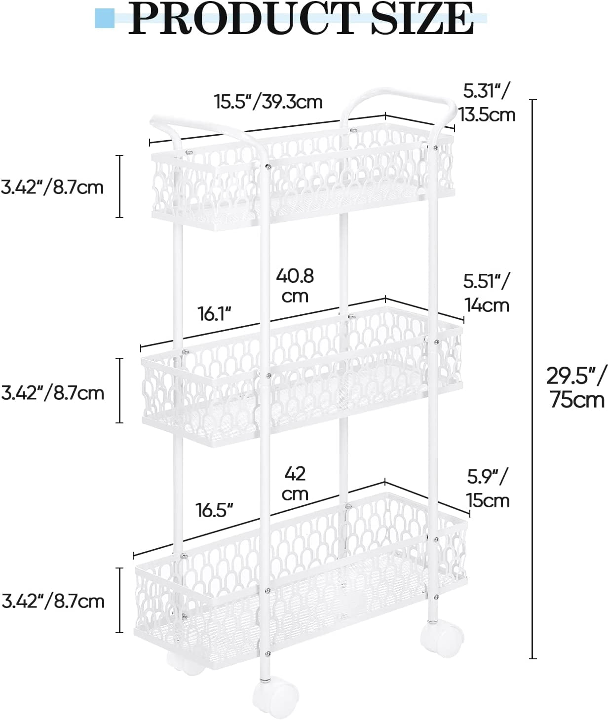 Oumilen Slim Rolling Storage Cart, 3 Tier Bathroom Organizer, Shelving Utility Cart, White