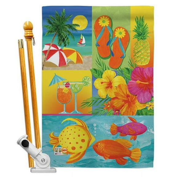 Breeze Decor BD-SU-HS-106067-IP-BO-D-US12-AM 28 x 40 in. Tropical Collage Summer Fun in the Sun Impressions Decorative Vertical Double Sided House Flag Set with Pole Bracket & Hardware