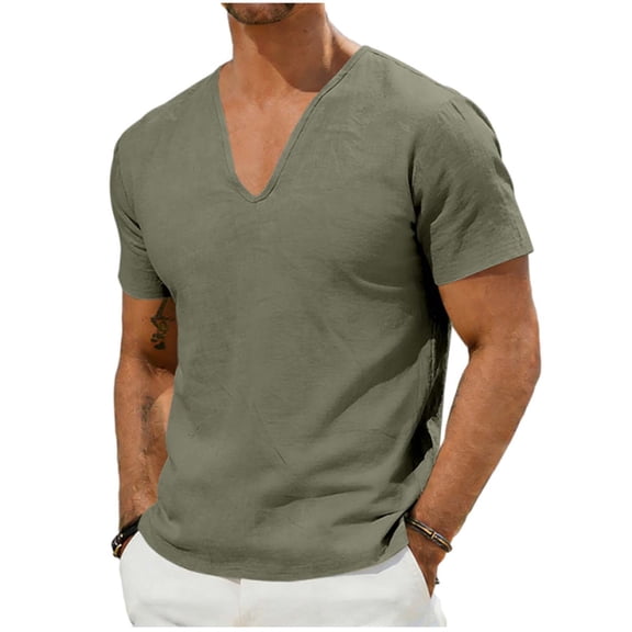 FRSASU Mens Casual T-Shirts Short Sleeve V Neck Henley Shirt Button Basic Fashion Summer Beach Tee Tops Army Green