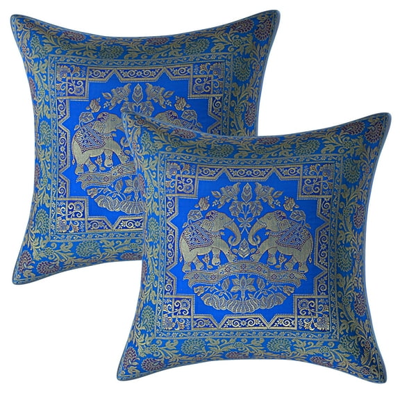 Stylo Culture Ethnic Boho Brocade Turquoise And Gold Throw Pillow Covers 16x16 Jacquard Weave Banarsi Sofa Pillow Covers Elephant Floral 40x40 cm Decorative Cushion Covers (Set Of 2)
