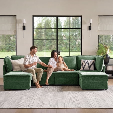 Tina's Home 127" Oversized Modular U-Shaped Sectional Sofa, 6-Seat Convertible Couch with Storage Ottoman, Double Chaise Lounge for Living Room Green
