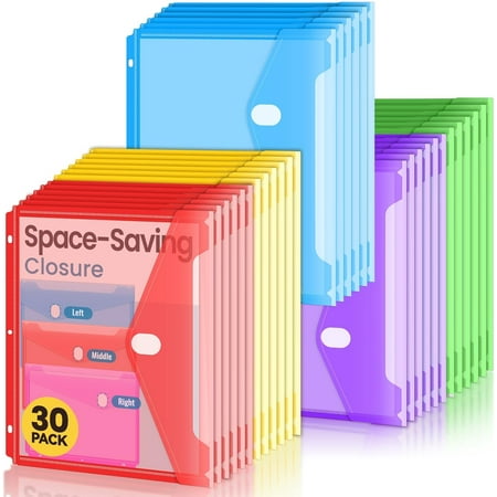 30 Pack Binder Folders Organizer with Space-Saving Closure, Super Heavyweight Binder Pockets for 3 Ring Binder, High Capacity Binder Pouch, Side Loading, School Supplies, Letter Size, 5 Color