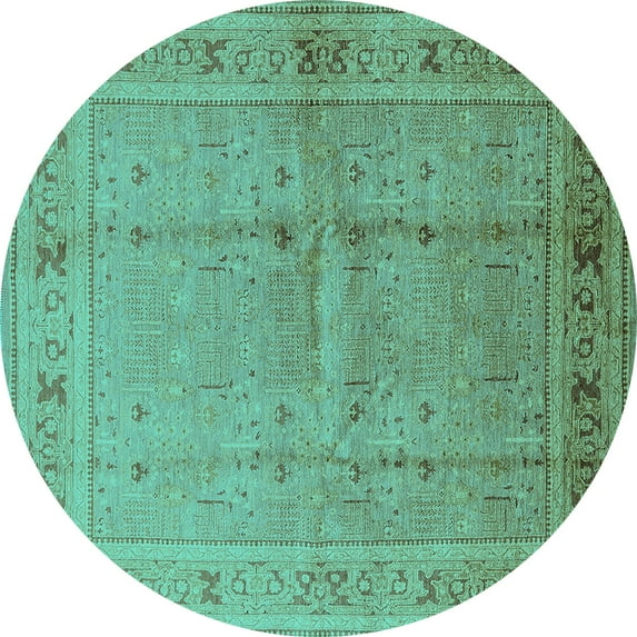 Ahgly Company Machine Washable Indoor Round Oriental Turquoise Blue Industrial Area Rugs, 4' Round