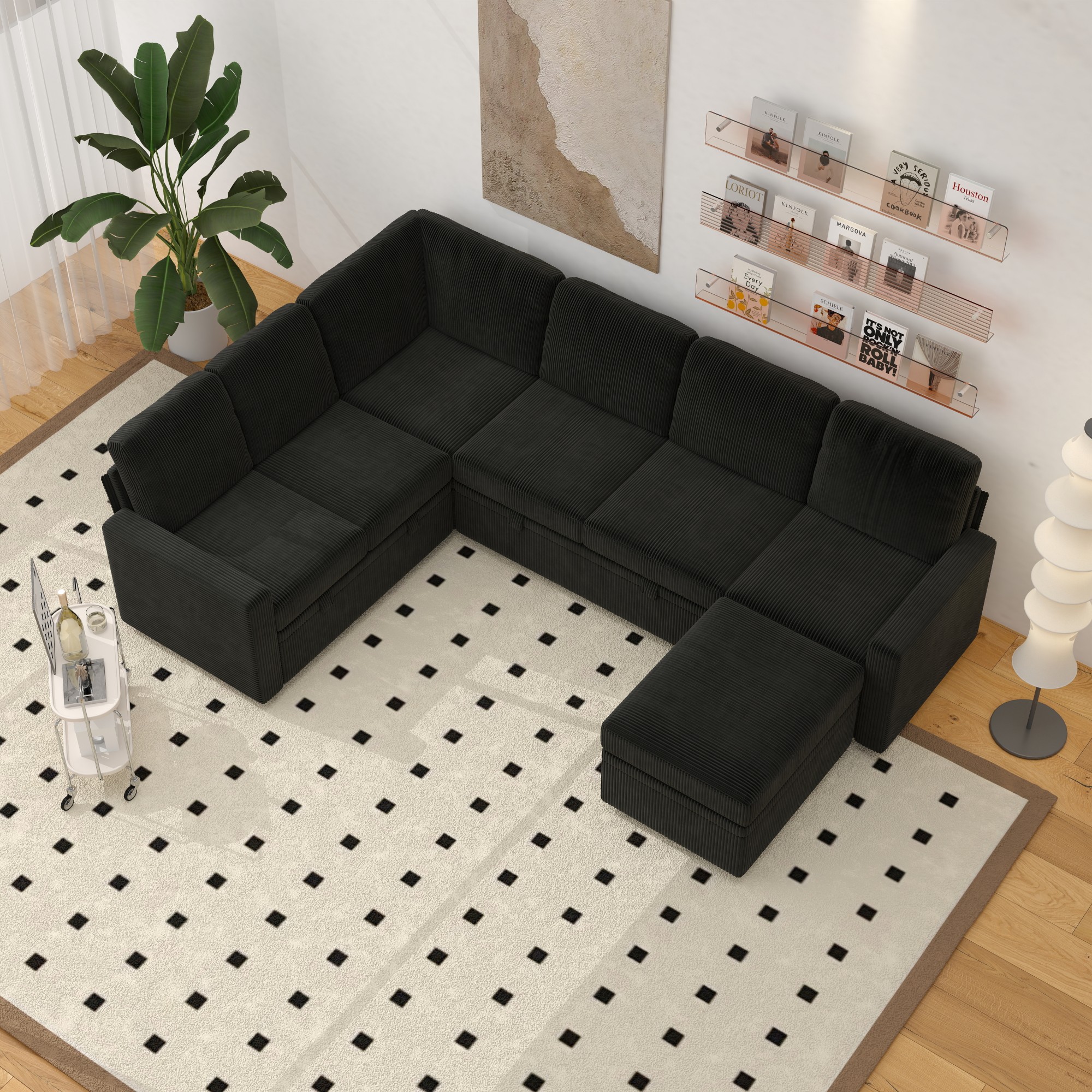 Gewnee 6-Seater Black L-Shaped Convertible Sofa - Soft-Touch Corduroy Fabric,Multifunctional Storage, for Living Rooms & Halls（including 1 footstool）
