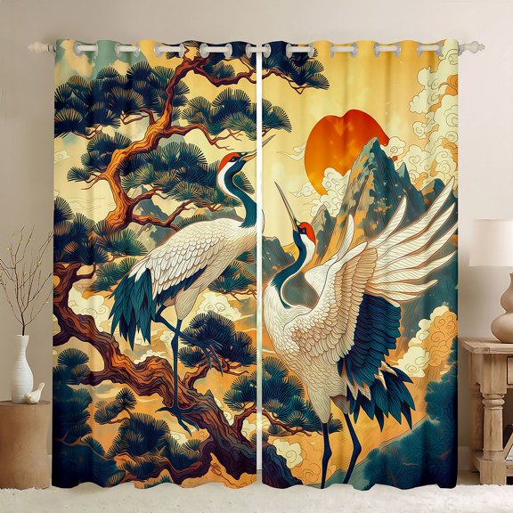 Manfei Traditional Crane Pine Black Out Curtains for Home, Mountain Sunset Curtains Pack of 2 (42x63 Each) for Office, Beige Blue Gold