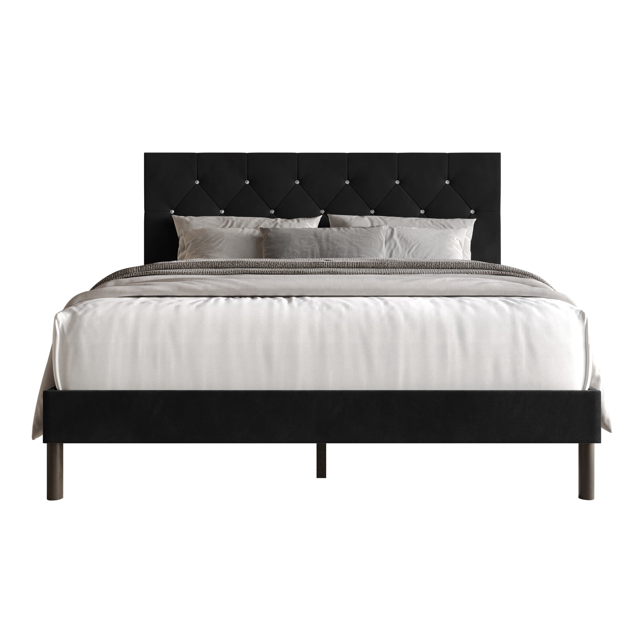 Home Design Groton King Tufted Velvet Upholstered Panel Bed Frame with Button-Tufted Headboard & Wingback Design, Black, Easy Assembly