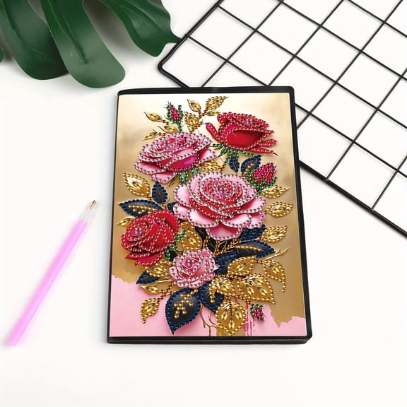 Diamond Painting Kit Notebook, Vibrant Rose DIY Art Craft Kit, A5 Perfect Creative Gift, Diamond Decoration, Suitable for Painting, Writing, and Notebook Use