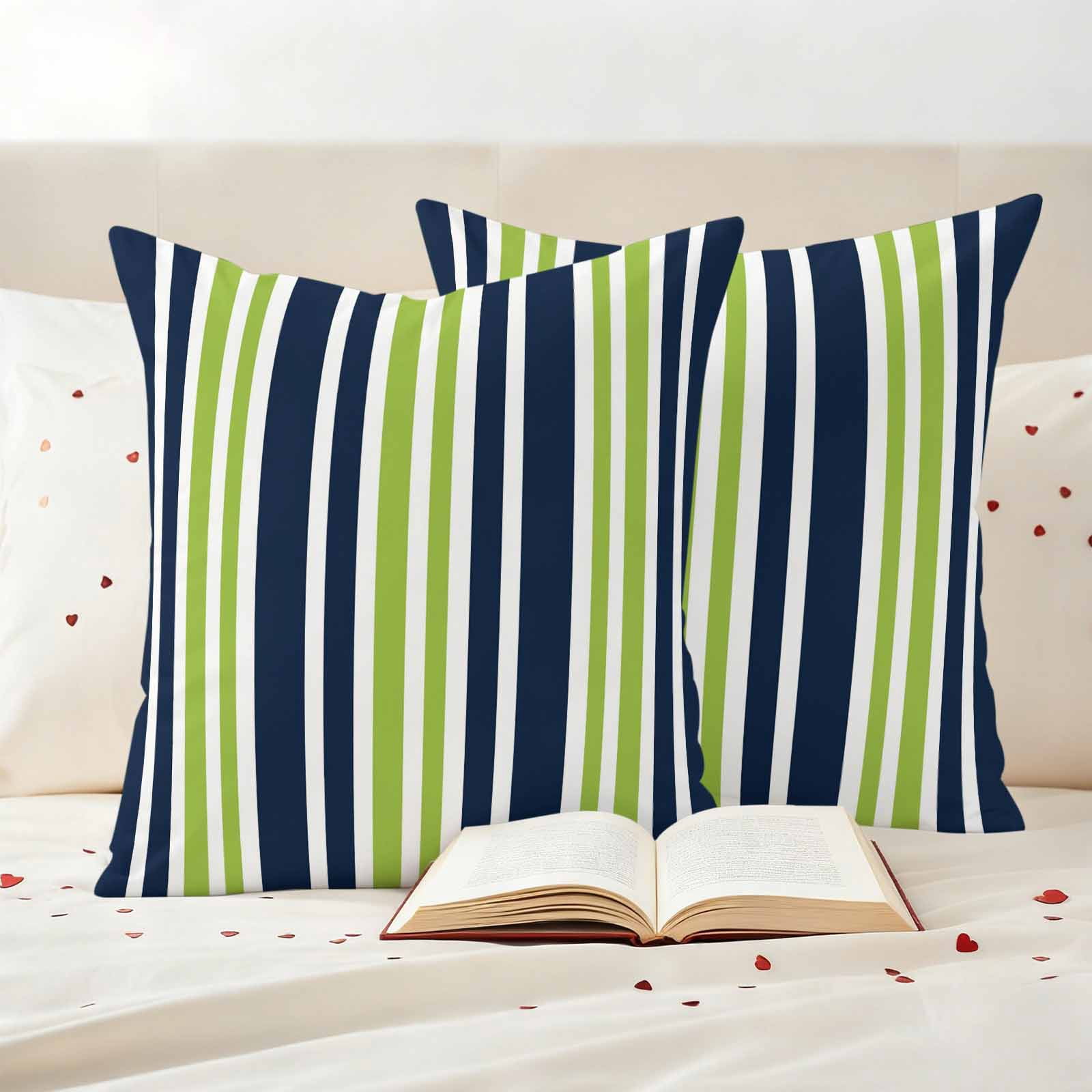 Navy Blue Green Striped Outdoor Waterproof Pillow Covers, Modern Minimalist Ombre Lines Decorative Square Throw Pillowcase Sofa Cushion Sham for Patio/Couch/Chair, 18"x18" 2 Pack