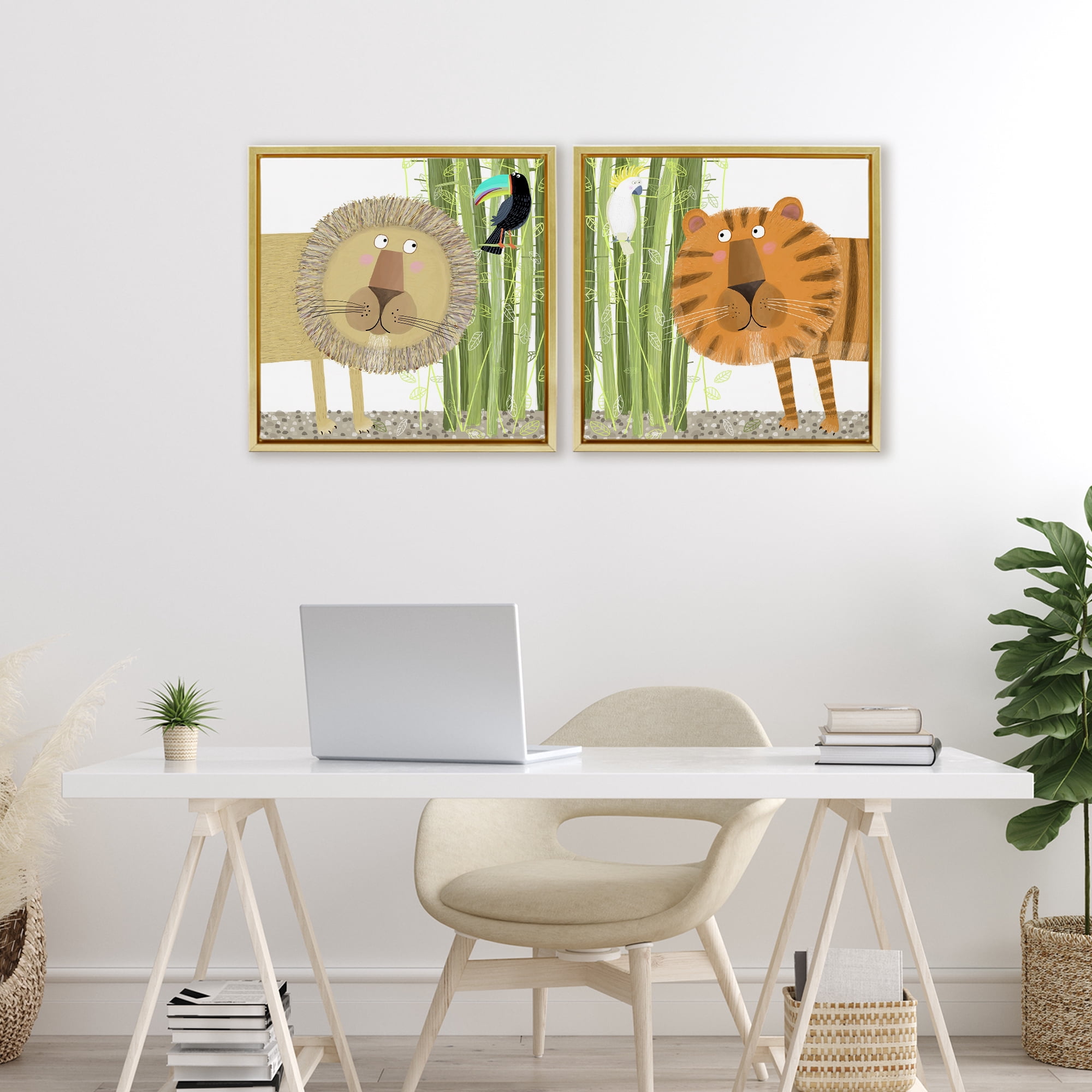 Stupell Industries Bamboo Trees & Animals 2 Piece Gold Framed Floater Canvas Set, design by Carla Daly