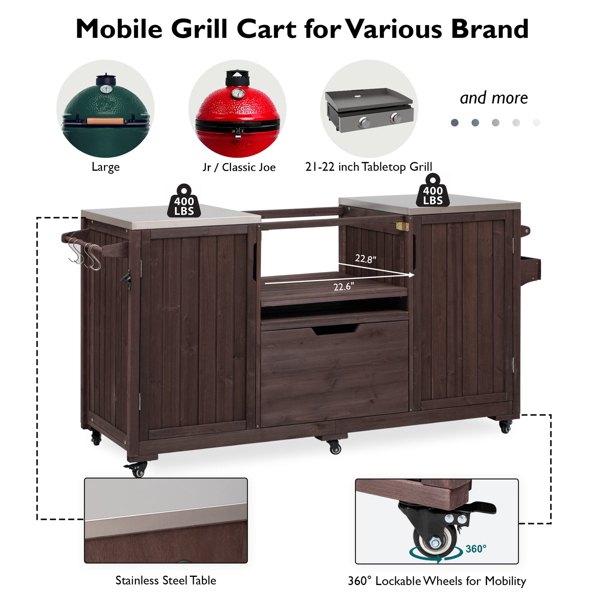 Aukfa 66.5" Outdoor Kitchen Island with Stainless Steel Top, Solid Wood BBQ Grill Cart for Big Green Egg,Dark Brown