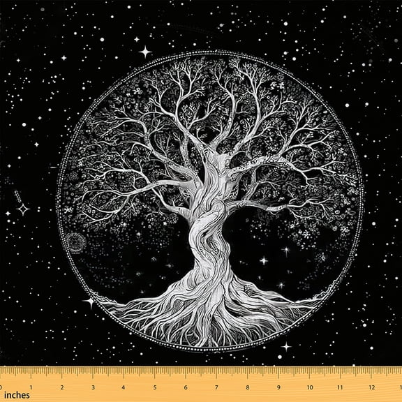 Homewish Galaxy Starry Stars Fabric by the Yard 1 Yard,Tree Of Life Home Decor Fabric by the Yard,White Black Sewing Fabric For Adults,Super Cozy Room Decor