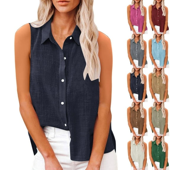 New summer arrivals Olyvenn Cotton Linen Shirts for Women Sleeveless Collared Tops Oversized Button Up Blouses Work Shirts Casual Summer Tshirt Army Green XXL