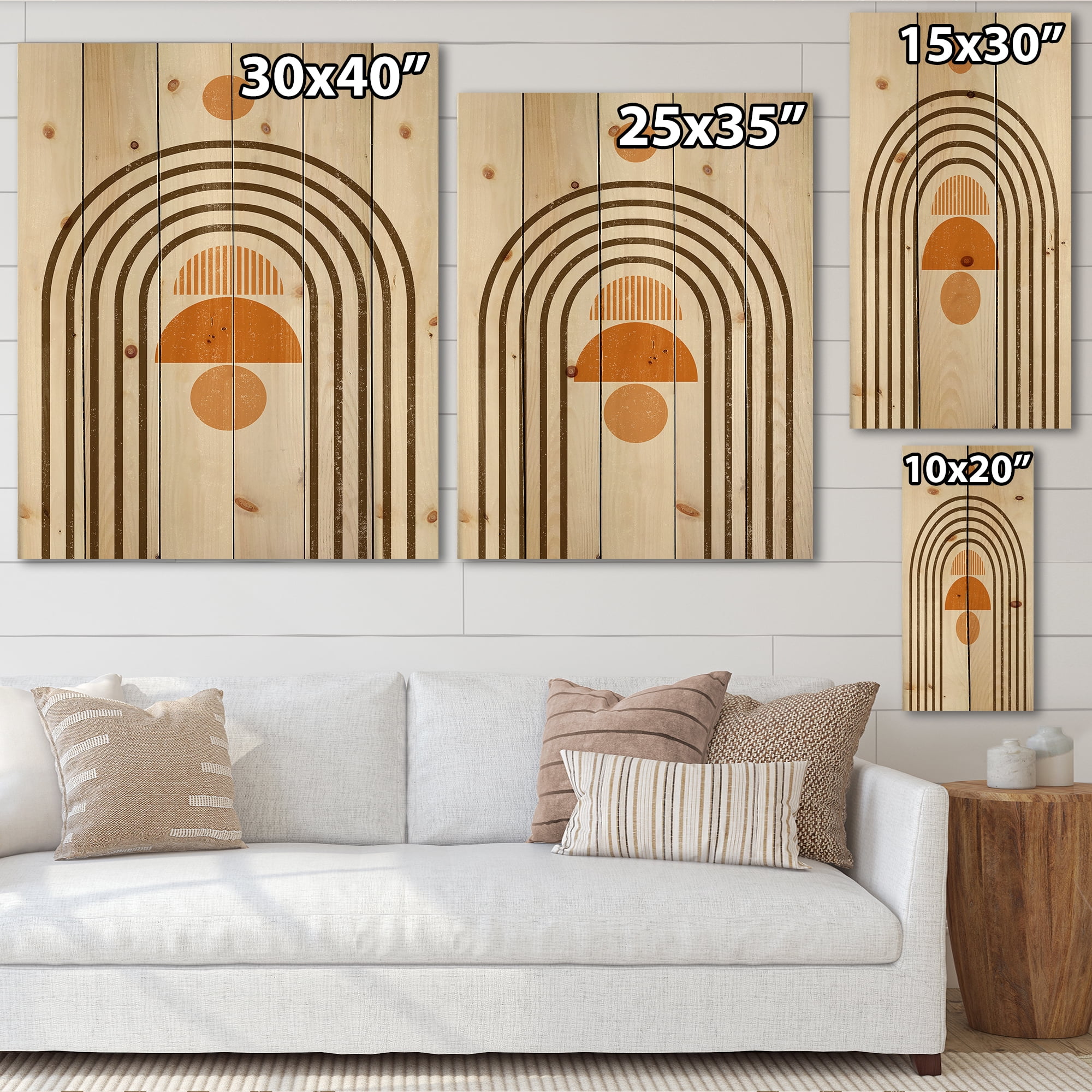 Designart 'Abstract Rainbow Moon and Sun In Earth Tones IV' Modern Print on Natural Pine Wood