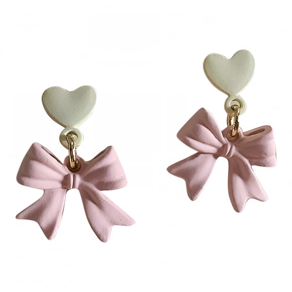 TELOLY Pink Bow Love Heart Earrings Women Love Stud Earrings Short Pink Earrings Popular Bow Jewelry