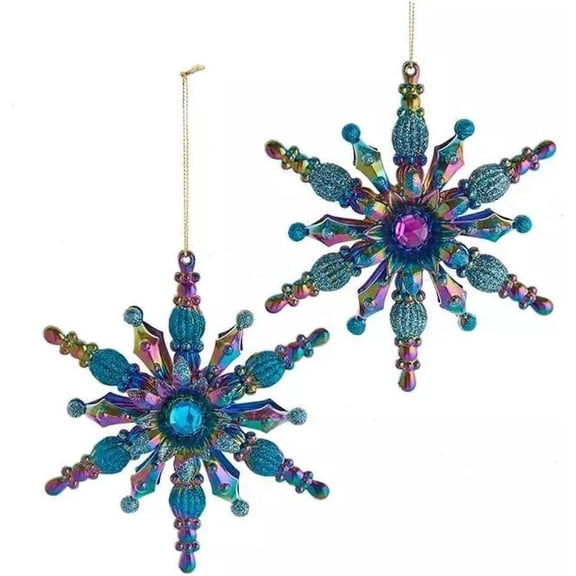 The Bridge Collection Peacock Inspired Snowflake Ornaments – Set Of 2 Blue Green And Purple Snowflake Decorations – Shimmering Ornaments For Peacock Themed Christmas Tree