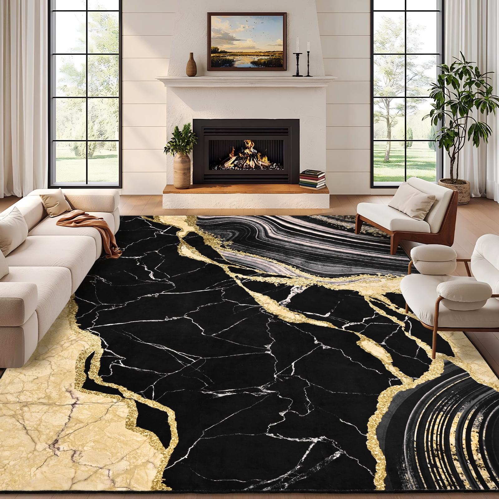 Bleum Cade 5'x7' Area Rugs for Living Room, Marble Swirl Abstract Rug Ultra Soft Washable Rugs for Bedroom, Anti Slip Durable Carpet Home Decor for Dining Room,Black Gold