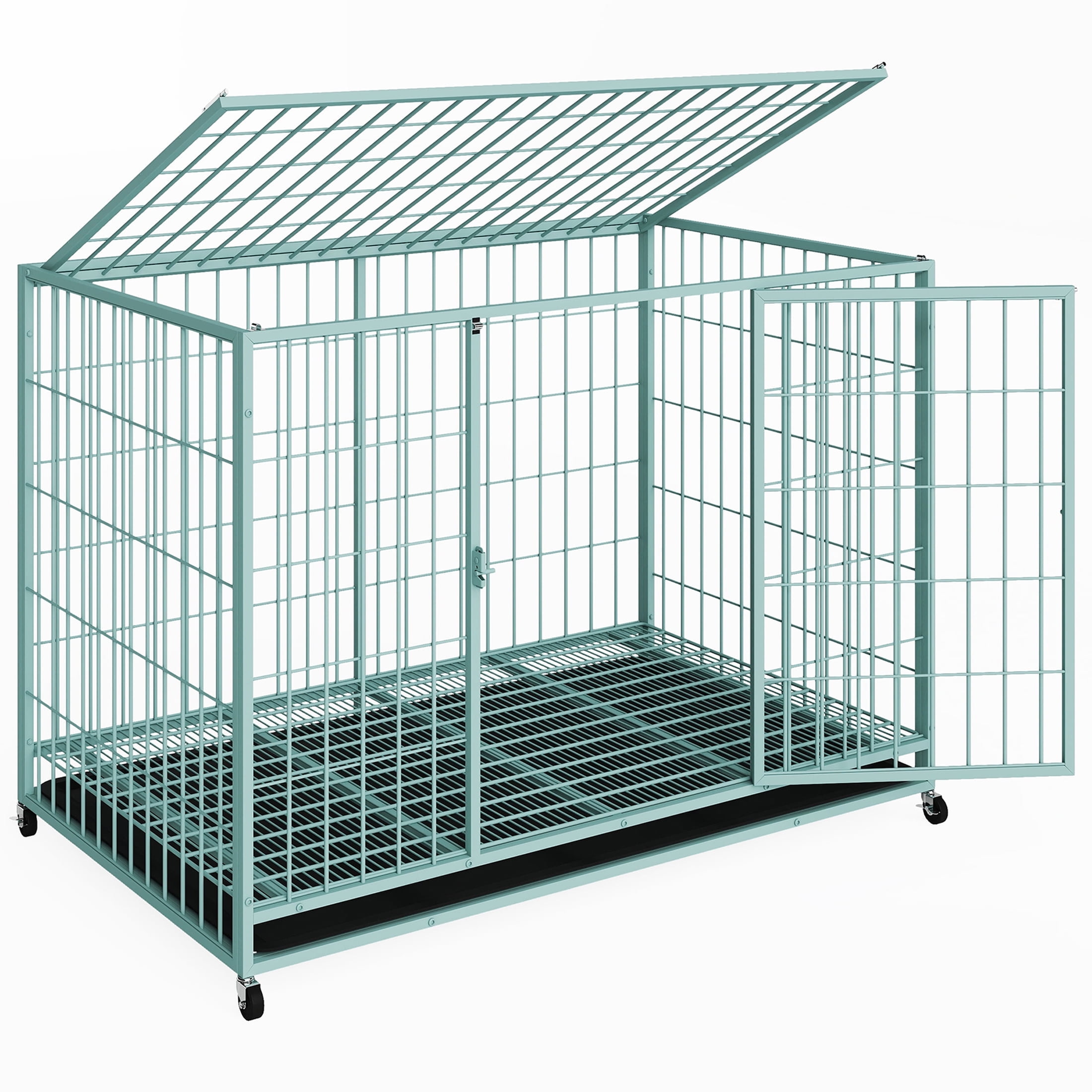 TIME RAY 48" Metal Wire Dog Crate for Large Dogs with Tray, Double Door, Puppy Dog Cage for Yard Indoor Outdoor Use,XL Dog Cage Kennel,Green