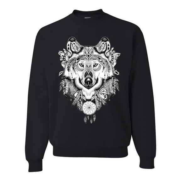 Drawn Tribal Wolf Animal Lover Unisex Crewneck Graphic Sweatshirt, Black, Small