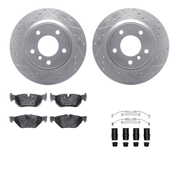Dynamic Friction Company Rear Brake Rotors-Drilled and Slotted-Silver with 5000 Advanced Brake Pads includes Hardware 7512-31086