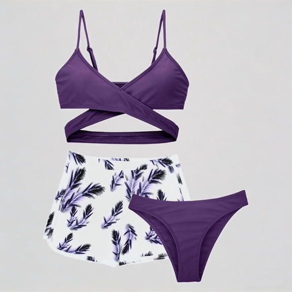 REDARER Girls' 3-Piece Swim Set – Black Cross-Front Top   Tree Print Shorts & Bikini Bottom, Stylish Summer Beach Swimwear,8-9 Years