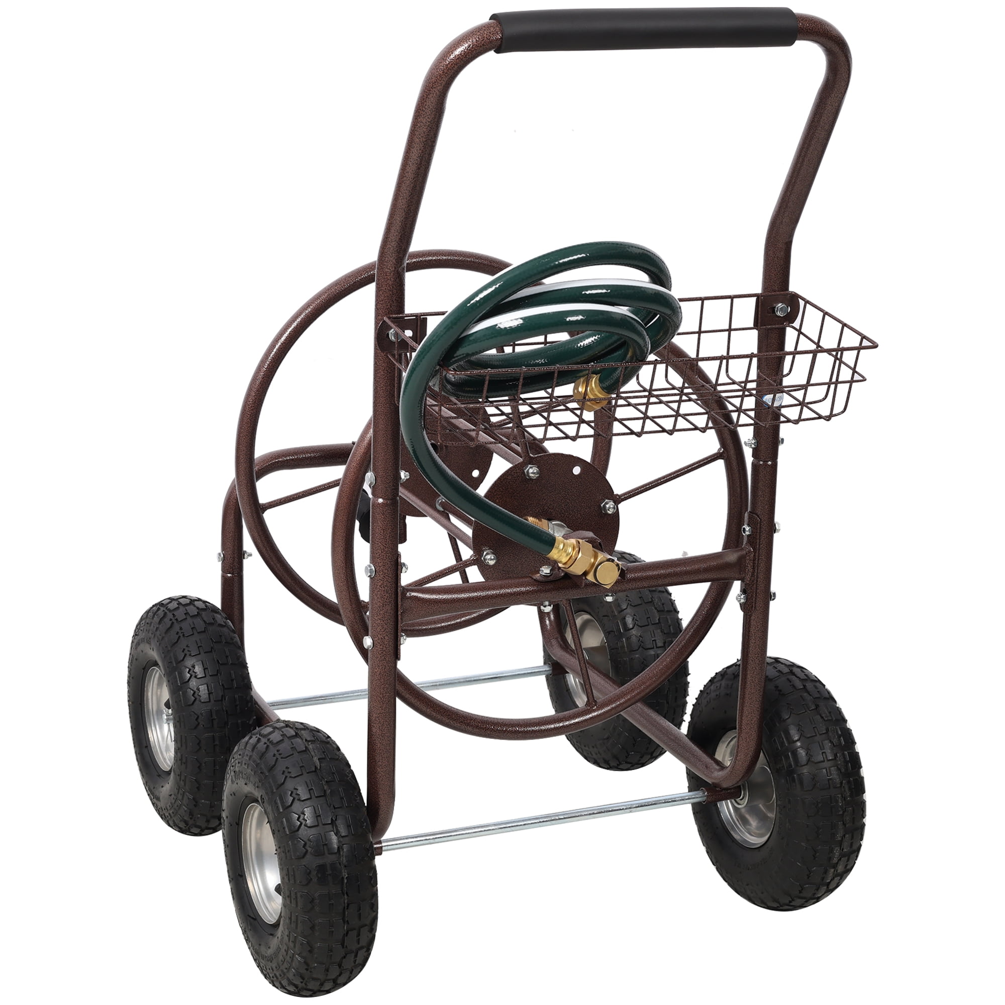 Garden Hose Reel Cart, Heavy-Duty 4-Wheel Hose Cart Holds 250ft 5/8" Hose with Storage Basket, Rust-Resistant Steel Frame for Yard, Lawn