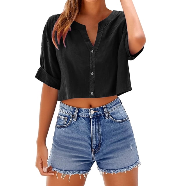 Mgmyaa Womens Button Down Cropped Shirts Short Sleeve Casual Crop Tops Solid Blouse T-Shirt