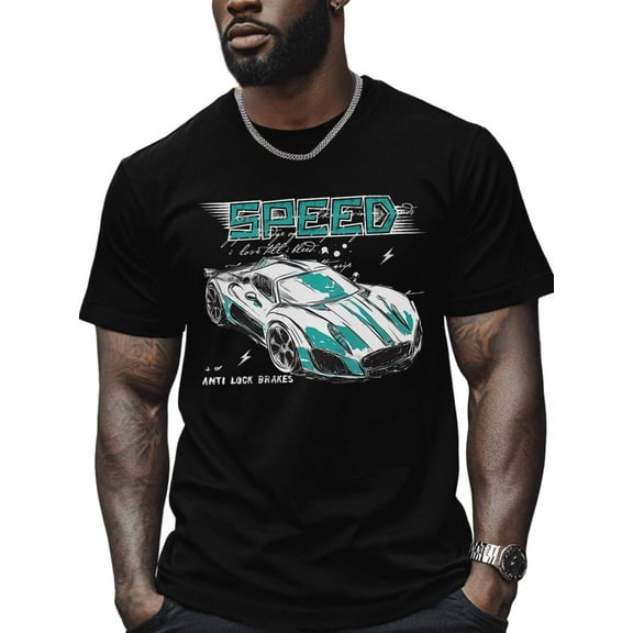 Sports Car Men's T Shirts Speed T-Shirt for Men Turquoise Sketch Crew Neck Tees Cotton Tops, Black, S