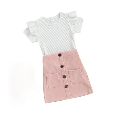 

LEIWAO Outfits For Toddler Girls Kids Toddler Baby Girls Spring Summer Solid Cotton Ribbed Button Short Sleeve Ruffle Tshirt Skirts Outfits Clothes Litter Girls 2Pcs Set Summer Clothing Set