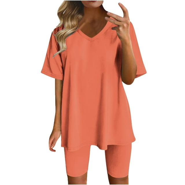 Besolor Ensemble de Sport 2 Pcs pour Femmes Décontracté Col en V Manches Courtes et Shorts de Cycliste