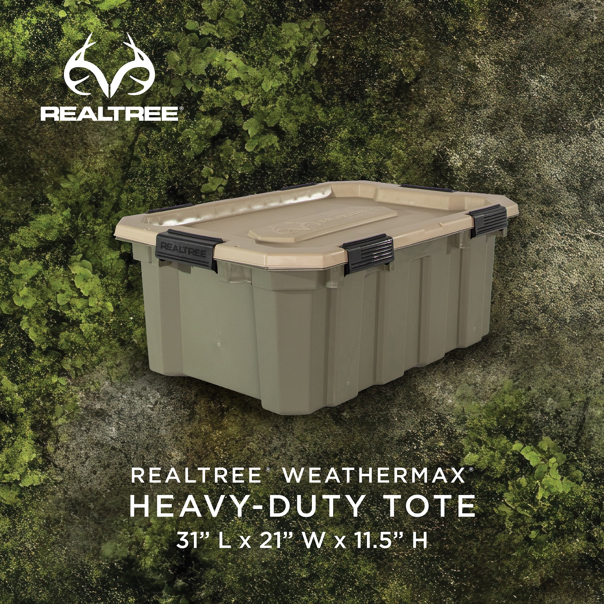 Realtree® WEATHERMAX™ 18 Gallon Green and Tan Storage Tote with Latching Lid, Heavy Duty Plastic Storage Bin, Pack of 2