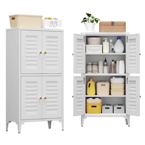 AOBABO Bathroom Storage Cabinet,Metal Storage Cabinets with 2 Adjustable Shelves and 4 Doors,White