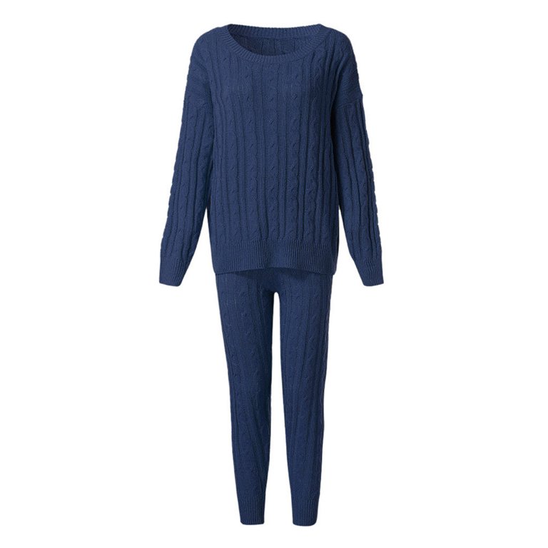 Womens Solid Color Off Shoulder Long Sleeve Cable Knitted Warm Two-Piece Pants  Sweater Suit Set 