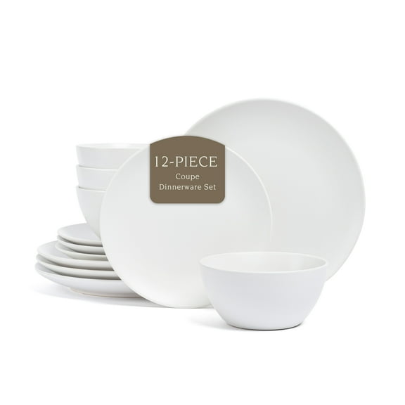 over&back Coupe Dinnerware Set - Stoneware Dishes - Comes with 4 Dinner Plates, 4 Cereal Bowls, and 4 Dinner Bowls - 12-Piece All-Occasion Place Settings - Semi-Matte White